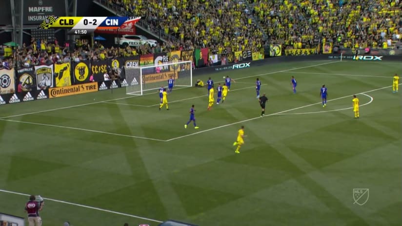 SAVE: Przemyslaw Tyton cuts off Gyasi Zardes in front of goal