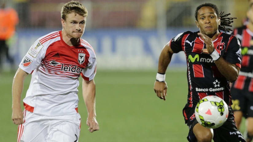 D.C. United's Taylor Kemp and Alajuelense's Jonathan MacDonald in Champions Leauge play