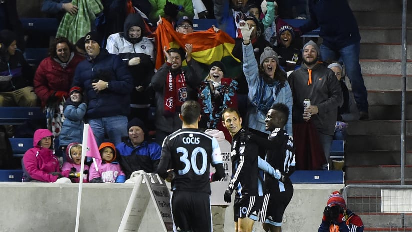 Chicago Fire teammates congratulate Harry Shipp on his goal