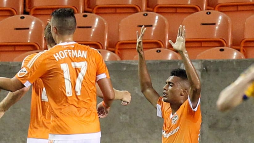 Mauro Manotas celebrates his first goal for the Houston Dynamo