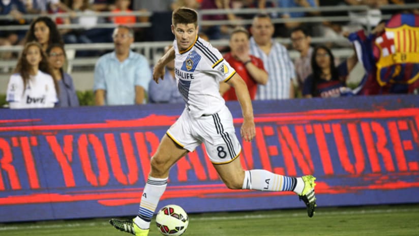 Steven Gerrard of the Los Angeles Galaxy controls a dribble