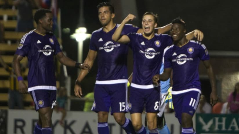 Orlando City SC celebrate USOC victory in penalty kick shootout over Charleston Battery