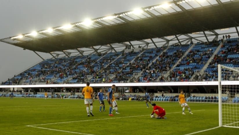 Goalmouth action at Avaya Stadium in first preseason match