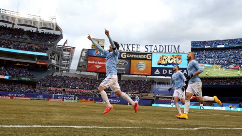 David Villa celebrates the first NYCFC goal at Yankee Stadium