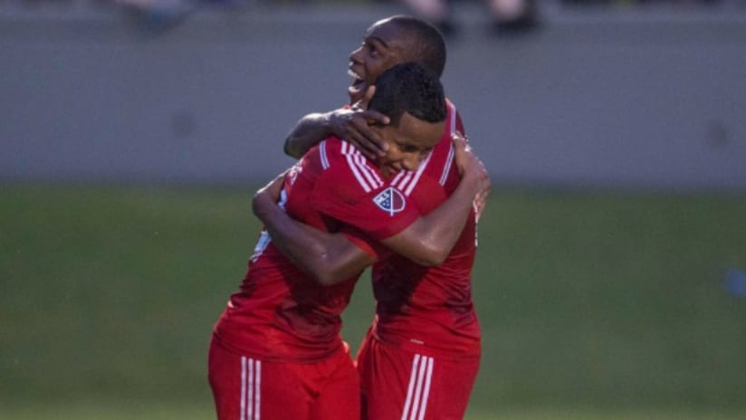 FC Dallas' Michael Barrios, Fabian Castillo celebrate goal in USOC