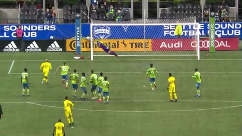SAVE: Stefan Frei bats away a Lucas Zelarayan free kick