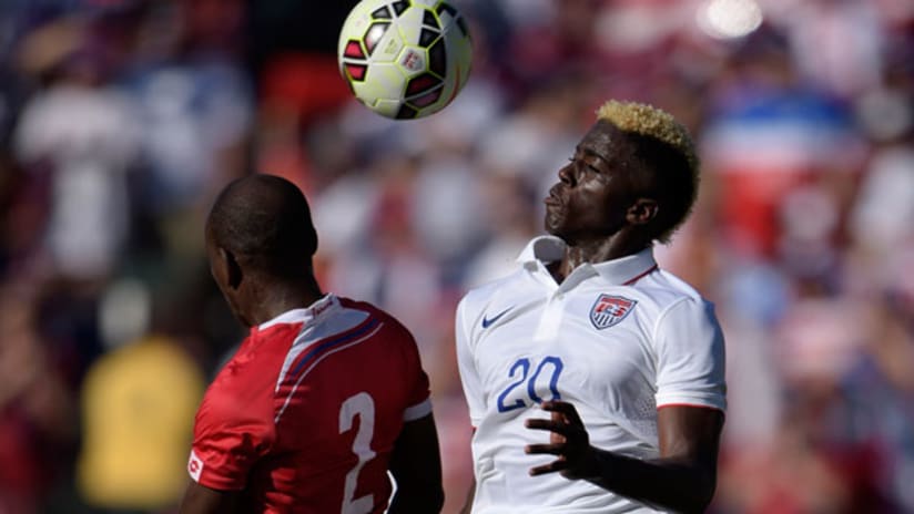 Gyasi Zardes goes up for a header against Panama