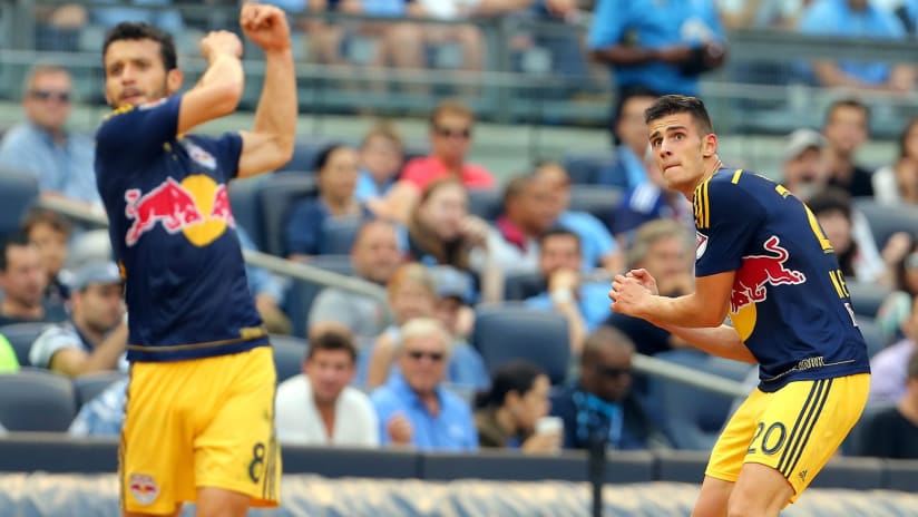 It's high, it's far, it is gone! Matt Miazga on his "Home run" celebration at Yankee Stadium