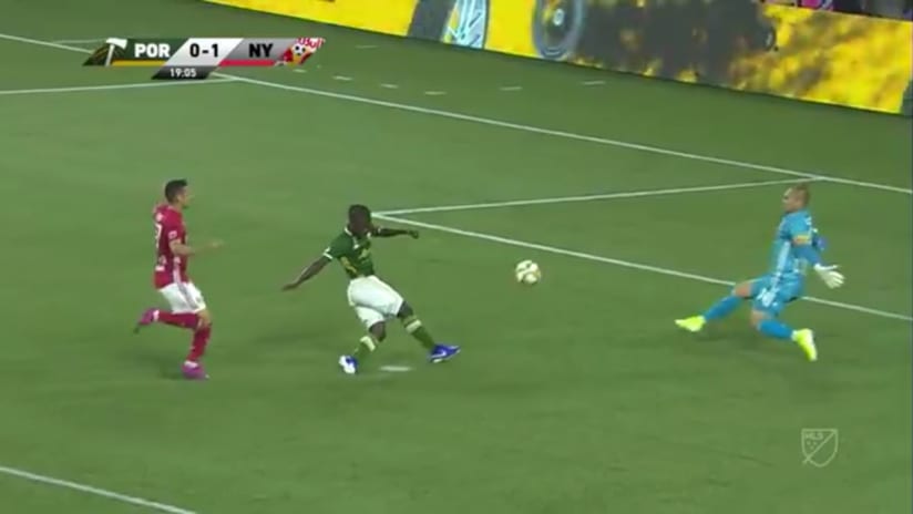 CROSSBAR: Diego Chara’s chip hits the underside of the bar but stays out