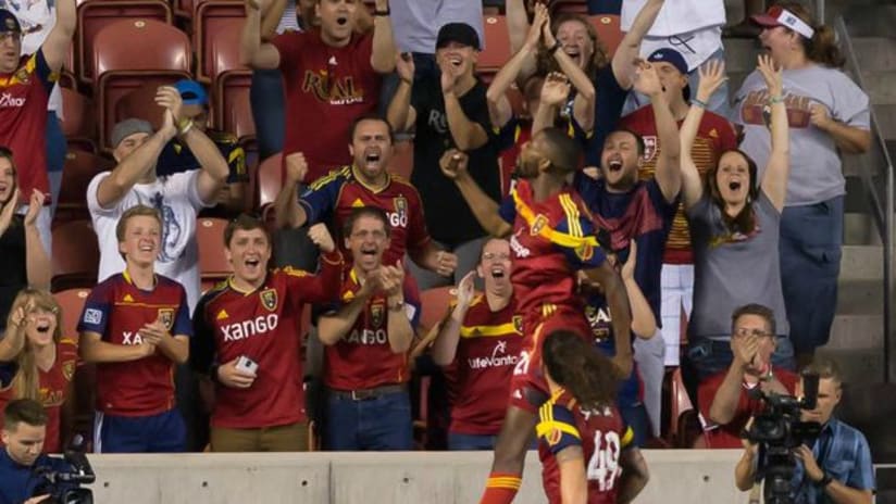 Real Salt Lake's Aaron Maund celebrates game-winning goal vs. LA Galaxy in USOC play