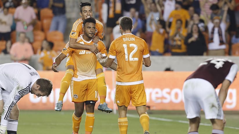 Will Bruin celebrates a Houston Dynamo goal on September 26, 2015