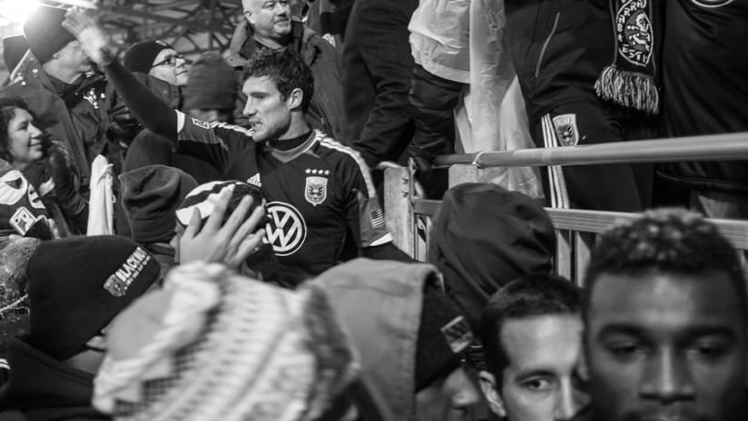 Chris Pontius - DC United - With fans at RBA 2012 B+W