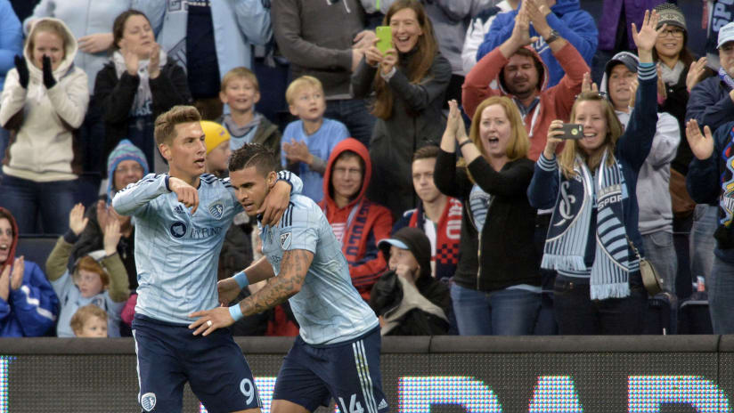 Krisztian Nemeth and Dom Dwyer, Sporting KC, celebrate during SKCvNE