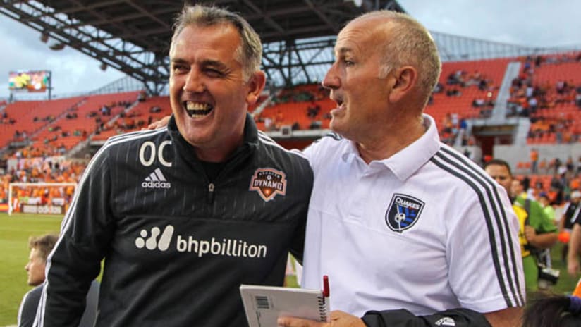 Owen Coyle (Houston Dynamo) and Dom Kinnear (San Jose Earthquakes) share a laugh prior to their game