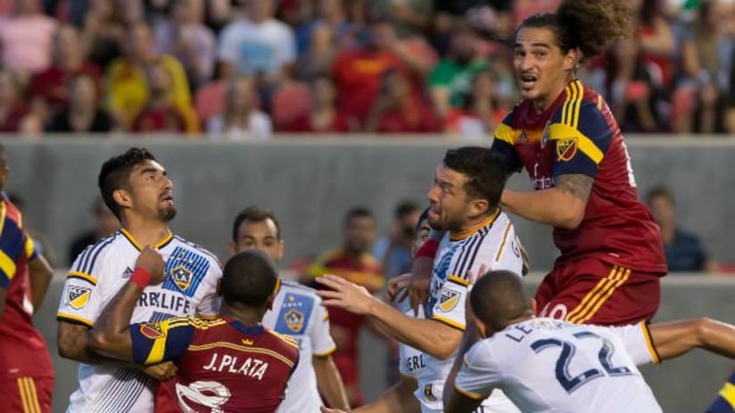 Devon Sandoval goes up for a header in Real Salt Lake's USOC match against LA Galaxy