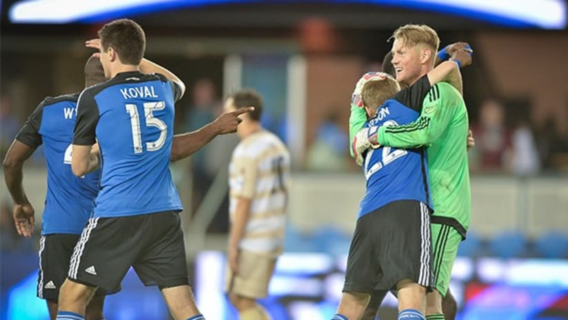 San Jose Earthquakes goalkeeper Bryan Meredith celebrates after an Open Cup win