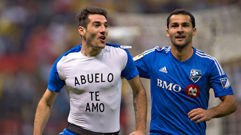 Ignacio Piatti and Dilly Duke of the Montreal Impact celebrate after Piatti's goal vs. Club America in CCL action