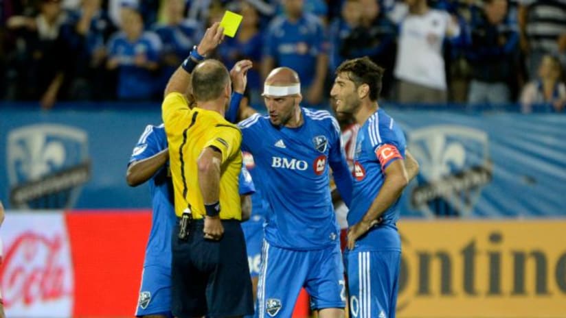 Montreal Impact's Laurent Ciman is issued a second yellow card vs. the New York Red Bulls