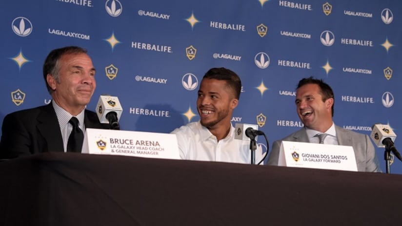 Giovan Dos Santos, Bruce Arena and Chris Klein laugh it up at LA Galaxy presser