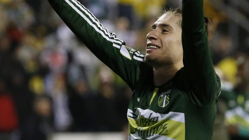 Portland Timbers' Jorge Villafana celebrates - MLS Cup 2015