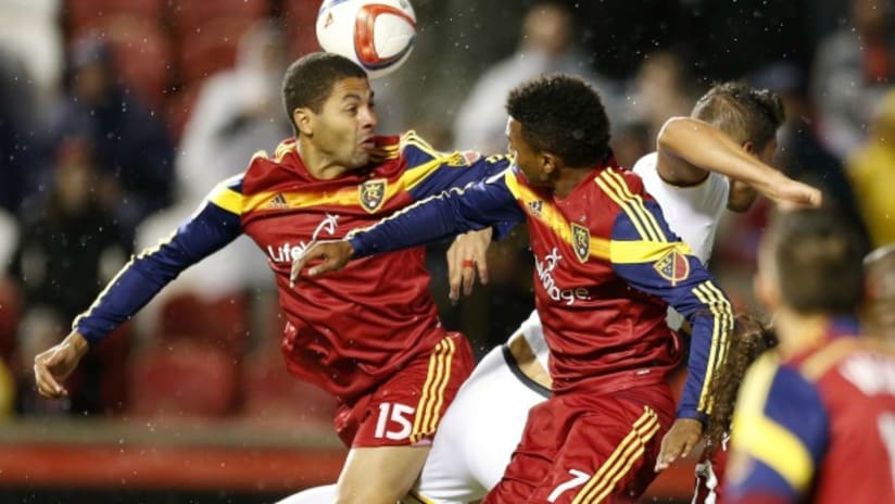 Real Salt Lake's Alvaro Saborio battles with LA Galaxy