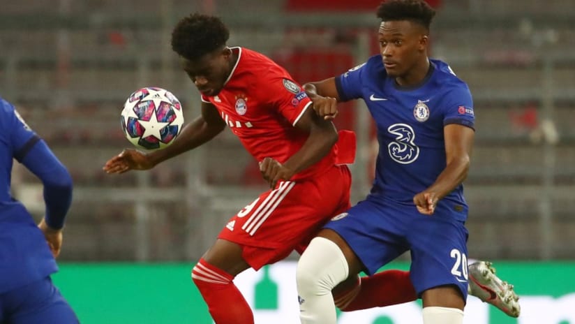 Alphonso Davies - heads ball - Bayern v Chelsea