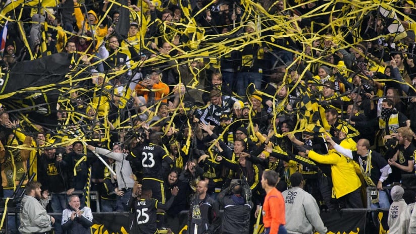 Columbus Crew SC's Kei Kamara celebrates in front of the MAPFRE Stadium faithful