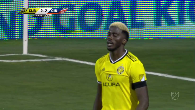 SAVE: Przemyslaw Tyton stuffs Gyasi Zardes in front of goal