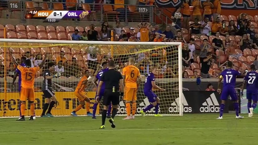 CHANCE: Mauro Manotas cannot latch onto the cross 