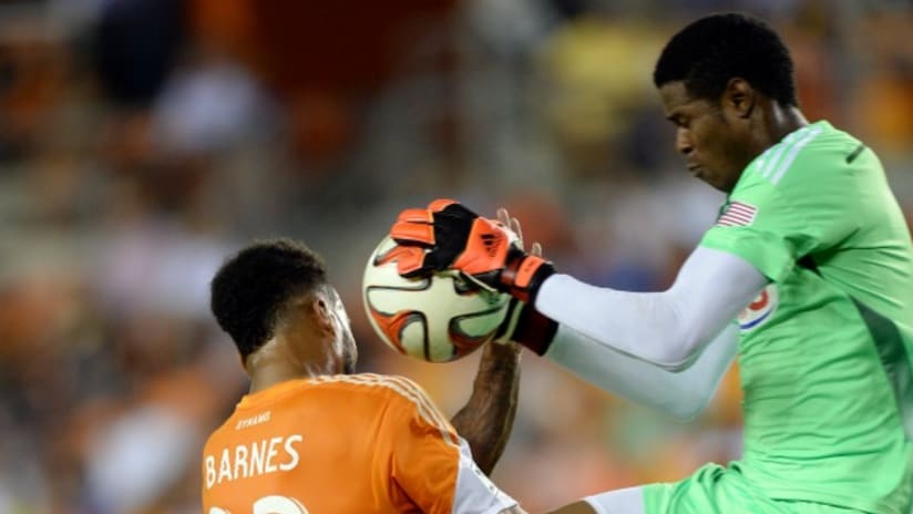 Philadelphia Union's Andre Blake grabs ball from Houston Dynamo's Giles Barnes