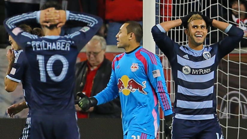 Dom Dwyer (Sporting KC) reacts to a miss against the New York Red Bulls