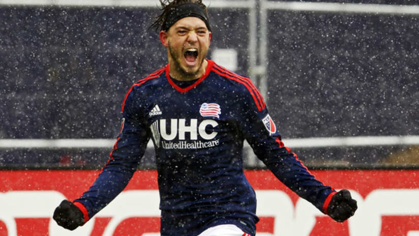 Kelyn Rowe, New England Revolution, celebrates his goal vs. San Jose Earthquakes.