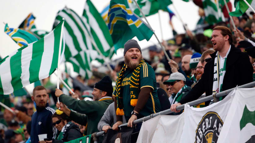 Timbers Army at MLS Cup - Portland Timbers - Leaning over railing