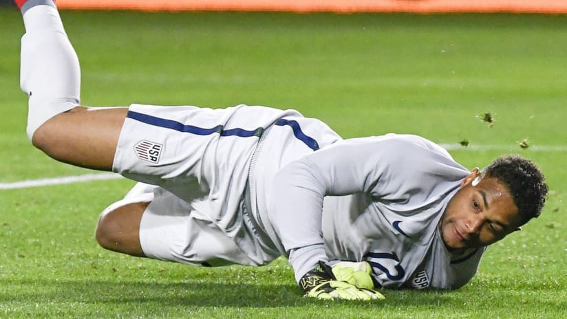 Zack Steffen makes a save during first USMNT cap — 1/28/18