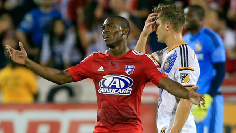 FC Dallas forward Fabian Castillo reacts to a call