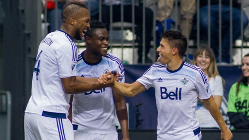 Vancouver Whitecaps goal celebration - Kendall Waston, Gershon Koffie, Nicolas Mezquida