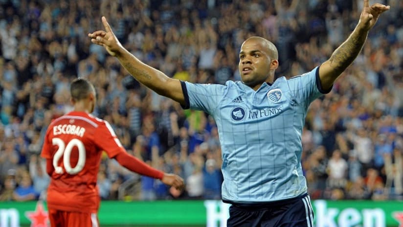 Sporting Kansas City's Kevin Ellis celebrates after scoring vs. FC Dallas