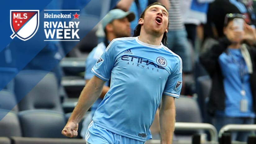 Tommy McNamara celebrates his goal for New York City FC against New York Red Bulls