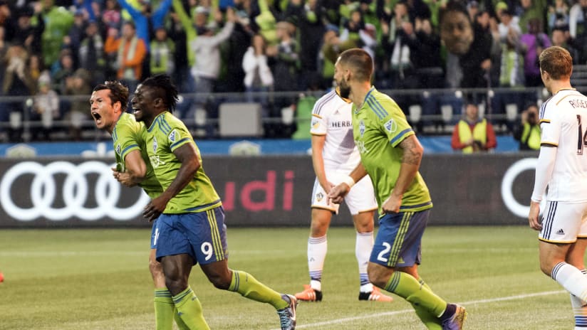 Nelson Valdez celebrates a goal against the LA Galaxy, October 29, 2015