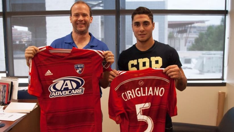 FC Dallas midfielder Ezequiel Cirgliano with President Dan Hunt