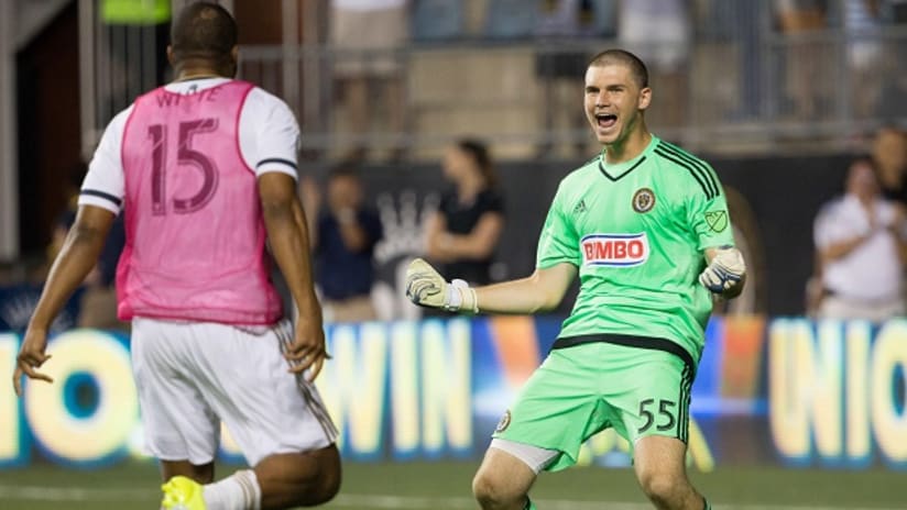 Philadelphia Union goalkeeper John McCarthy celebrates after winning Open Cup PK shootout vs. Rochester