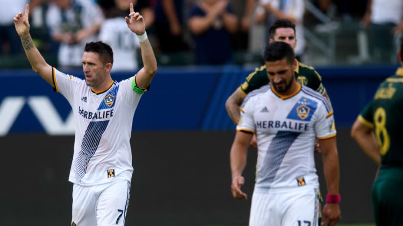 Robbie Keane (LA Galaxy) celebrates first half goal against Portland Timbers