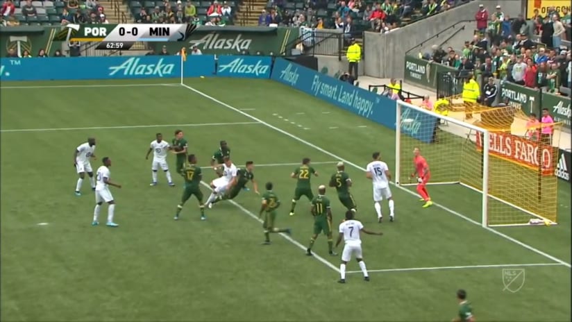 CROSSBAR: Robin Lod header smashes off the bar