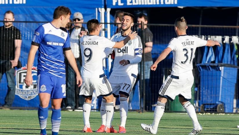 Vancouver Whitecaps celebrate a goal in 2015 Canadian Championship against FC Edmonton