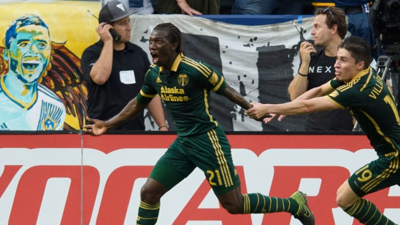 Diego Chara and Jorge Villafana celebrate a goal for Portland Timbers