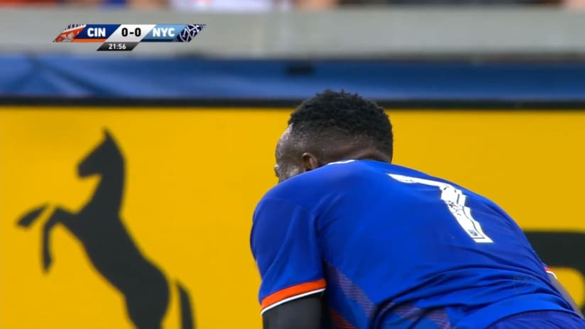 PK FOUL: Eric Miller concedes a penalty after a foul in the box