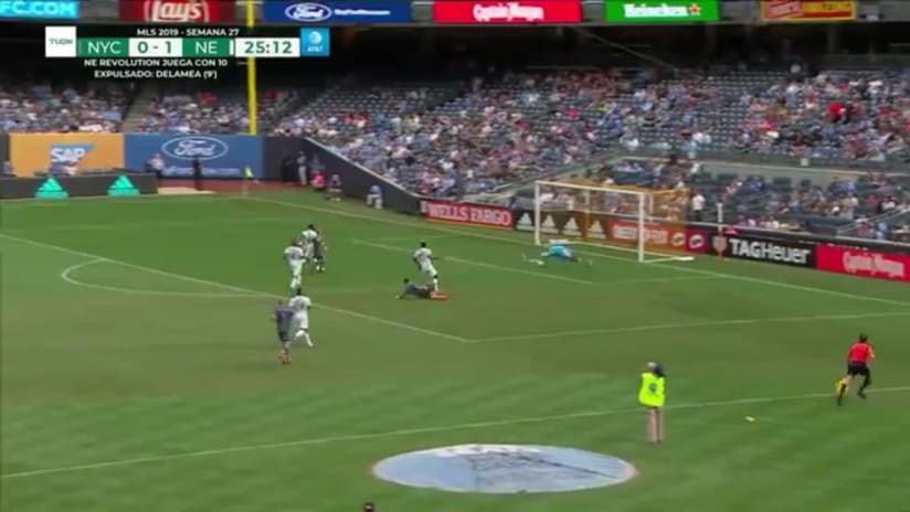 SAVE: Matt Turner makes a diving stop to deny Valentin Castellanos
