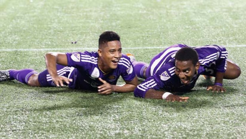 Cristian Higuita and Bryan Rochez do 'The Crocodile' after a goal for Orlando City SC