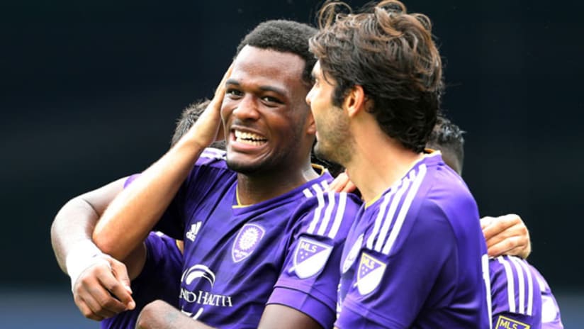 Cyle Larin, celebrates with Orlando City and Kaka