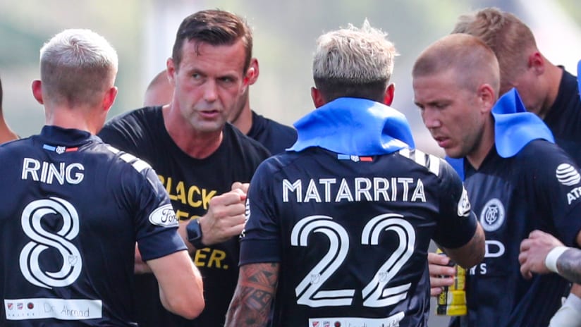 Ronny Deila - New York City FC -  gives a team talk during the MLS is Back Tournament - color corrected